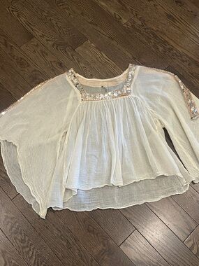 ✨ Free People Ivory Gauze Sequin Trim Boho Blouse | Size Small/Petite